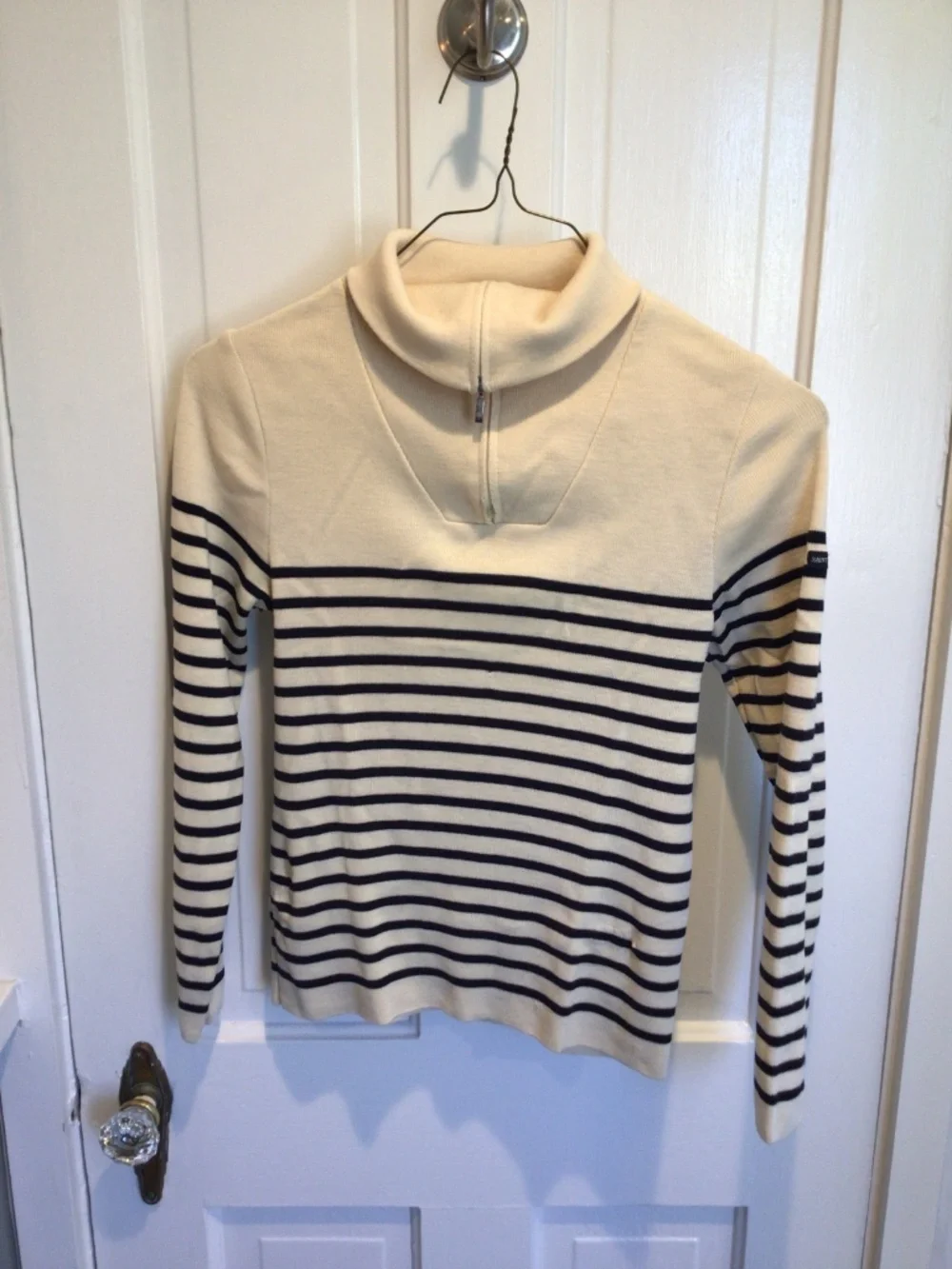 Saint James - Pure wool striped navy blue and cream quarter-zip sweater size 38 - Picture 2 of 16
